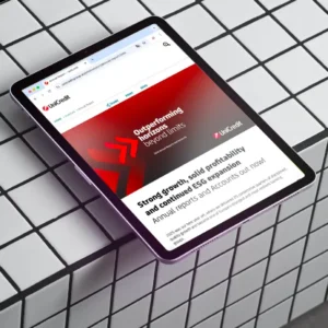 Tablet mockup showing the webpage screen of a banking annual report page on a white tiles background setting